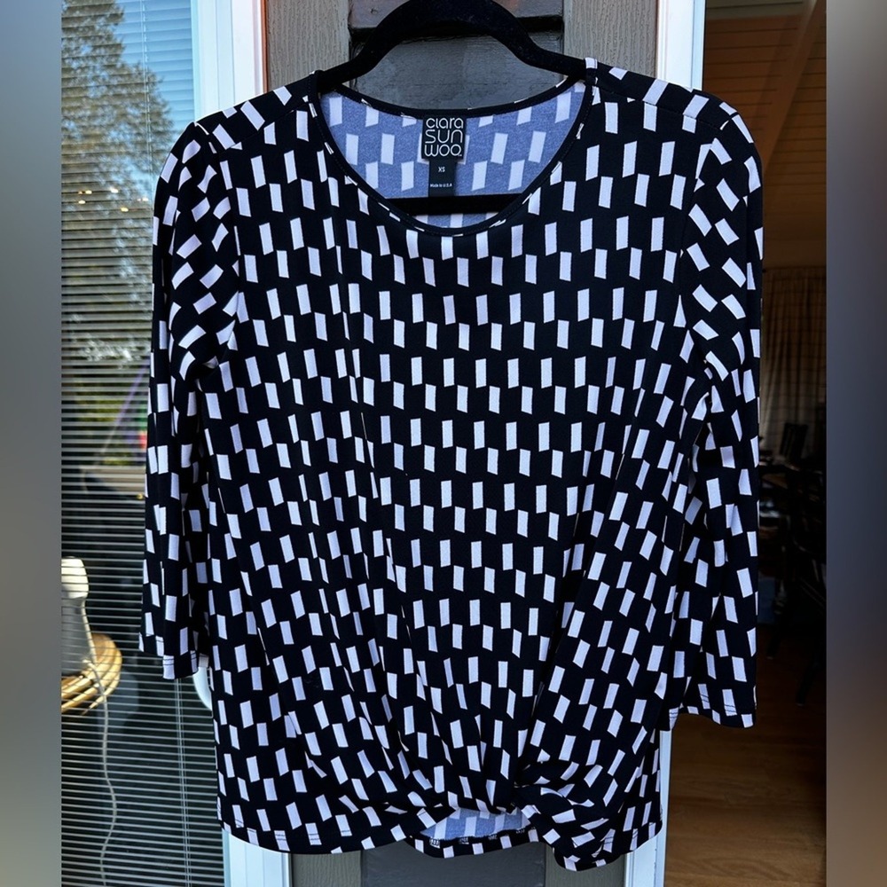 Clara SunWoo Womens Black White Geo Print Twist Front 3/4 Sleeve Top XS